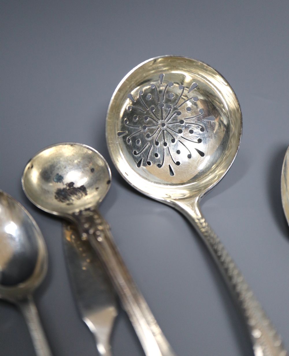 A group of assorted 19th century and later minor silver flatware, two white metal items and a plated condiment spoon, 14oz.